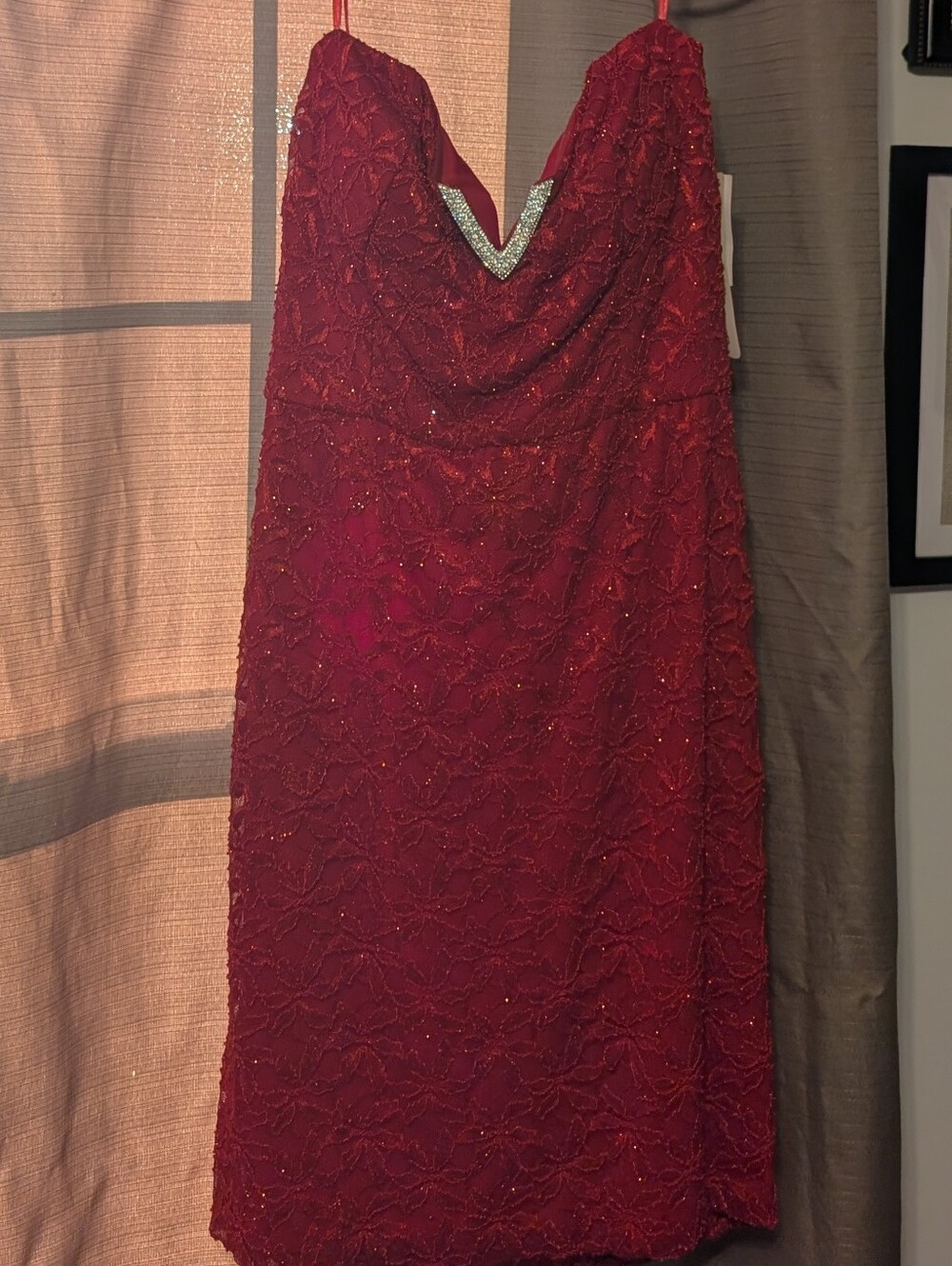 As U Wish Strapless Beaded Red Evening Dress with V Accent